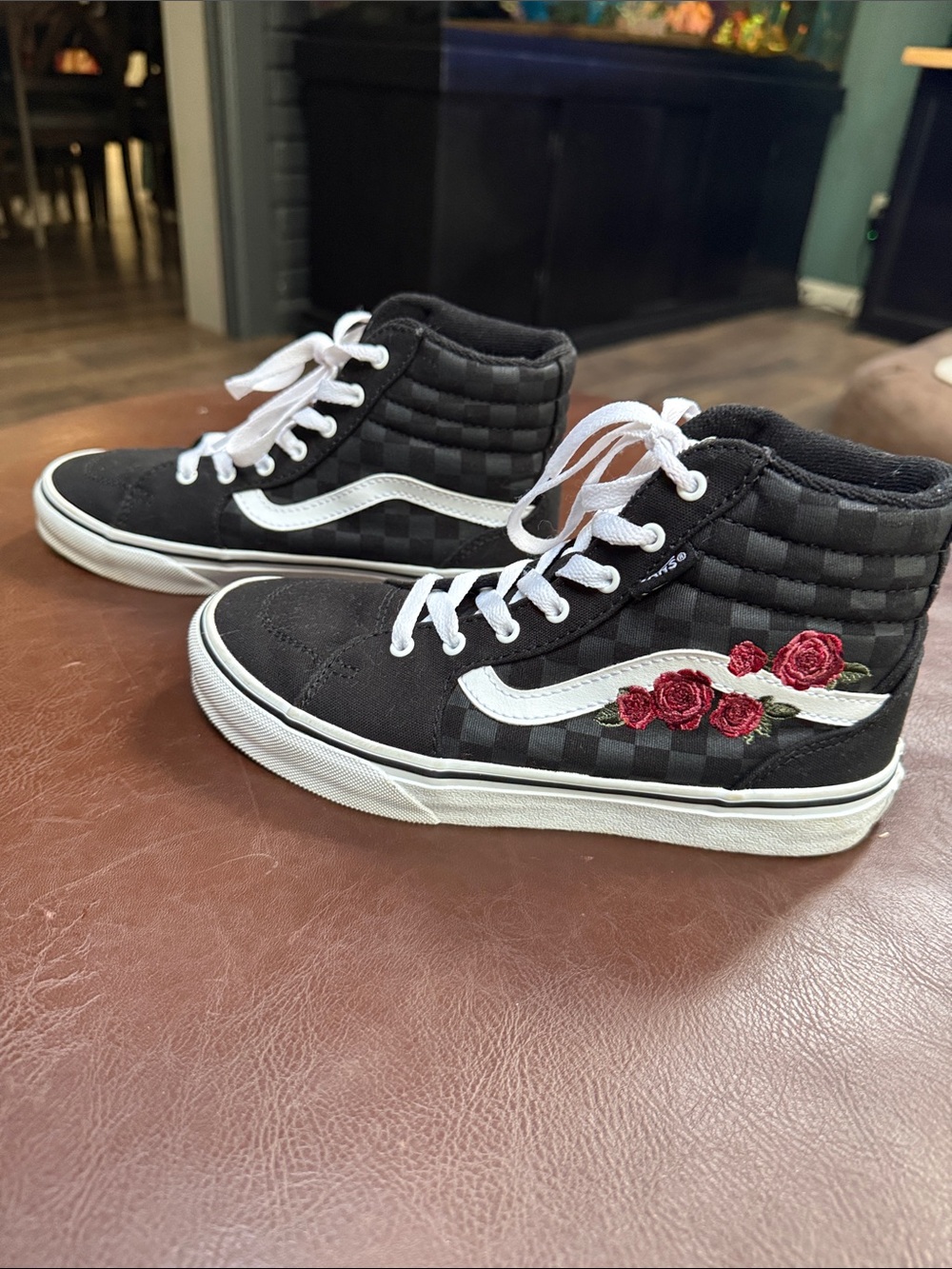 Vans Kids size 3 Black Checkerboard High-Top Sneakers with Red Rose Embroide